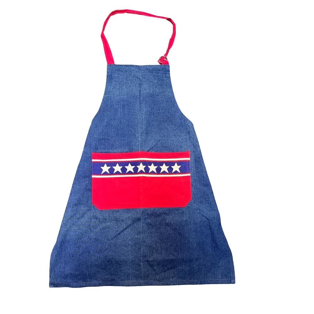 Vtg 2000 Marshall Field Denim Apron Pockets Patriotic Stars Stripes 4th of July